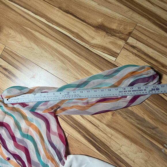 VINTAGE 80s Pat Richards Striped Chiffon Wrap Skirt Dress Sheer Rainbow Size 12 - Picture 7 of 8